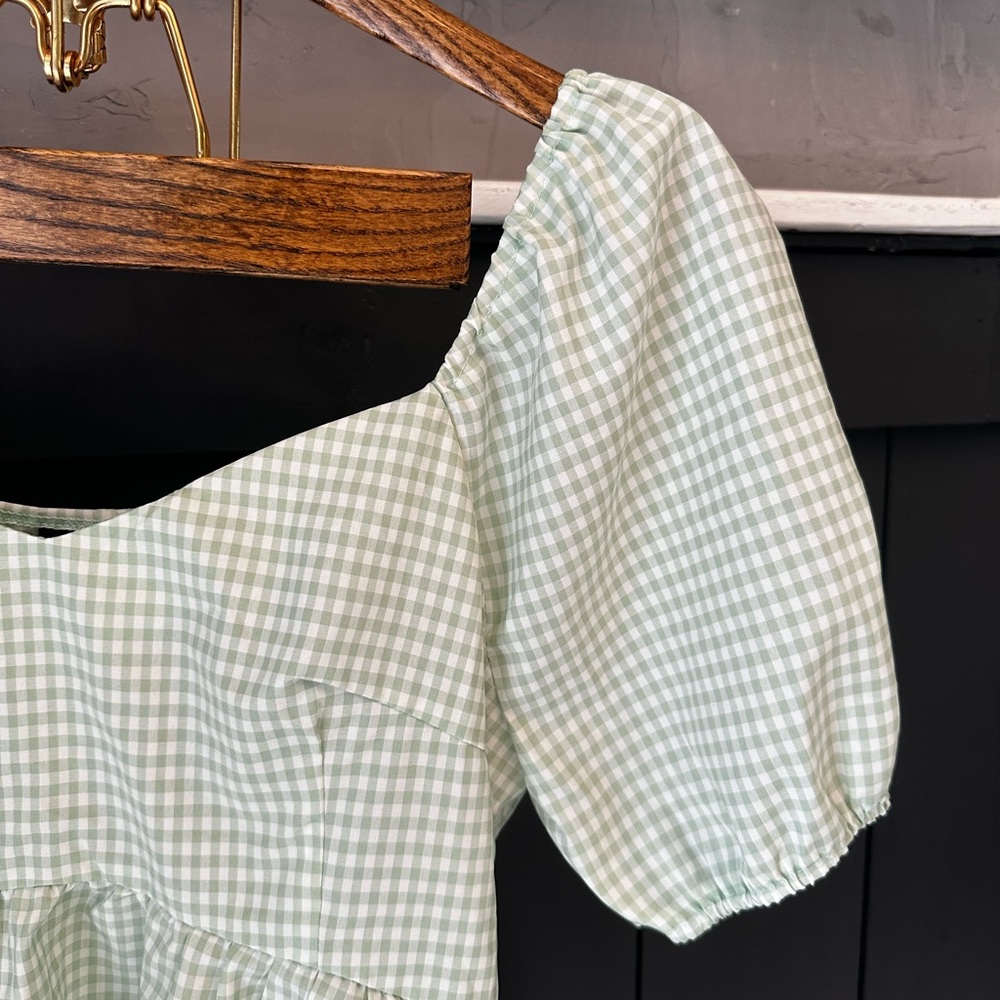 SHEIN Light Green‎ White Gingham Puff Sleeve Blouse size Large - Picture 4 of 10